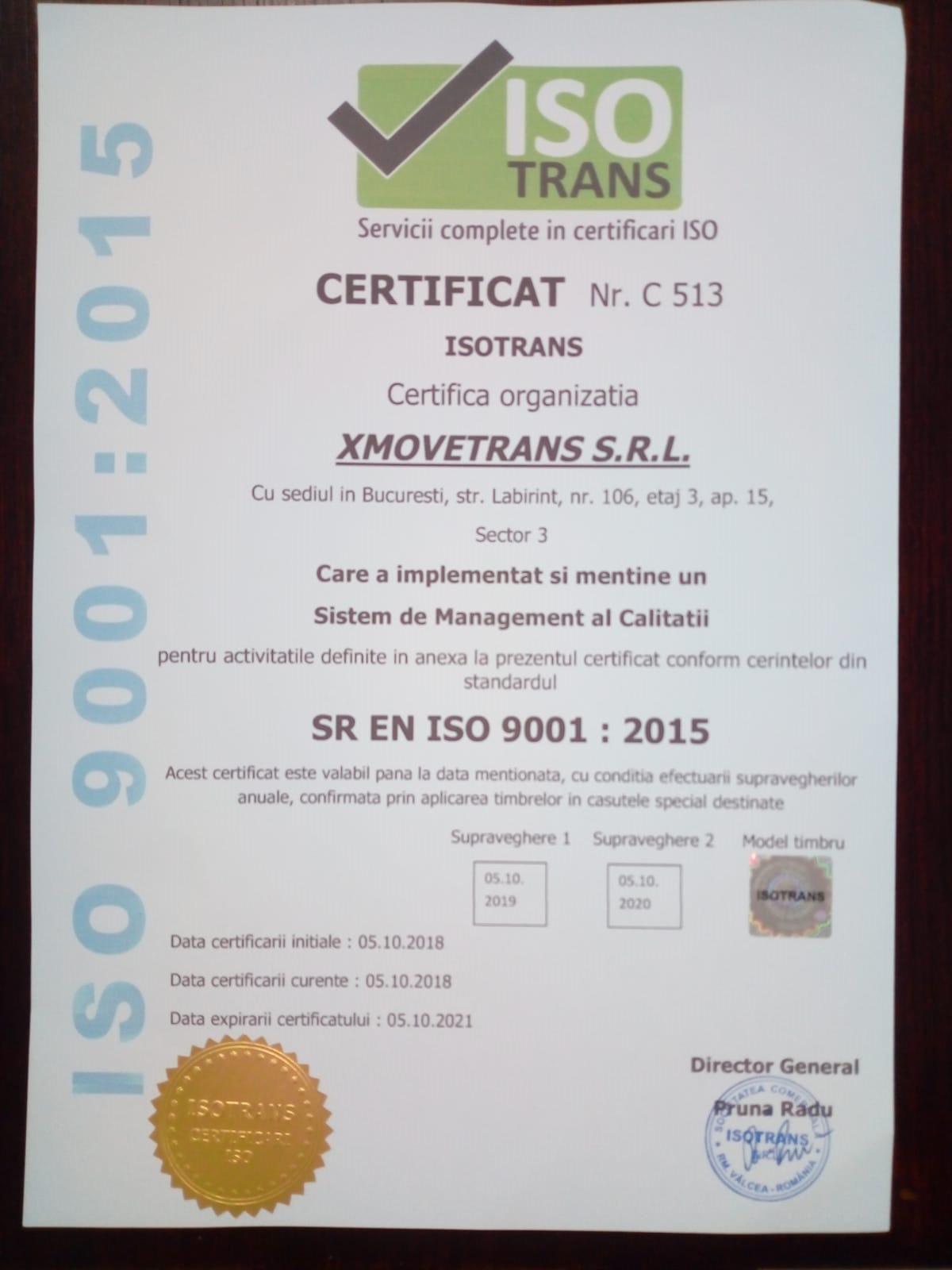 XMoveTrans SR EN ISO 9001:2015 certificate
