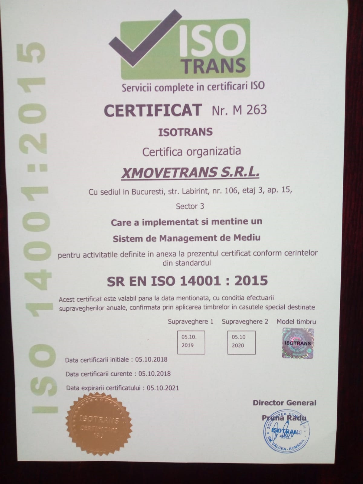XMoveTrans SR EN ISO 14001:2015 certificate
